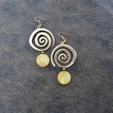 Large earrings, big statement bohemian earrings, bold spiral earrings, mother of pearl shell earrings, boho brass geometric earrings yellow 