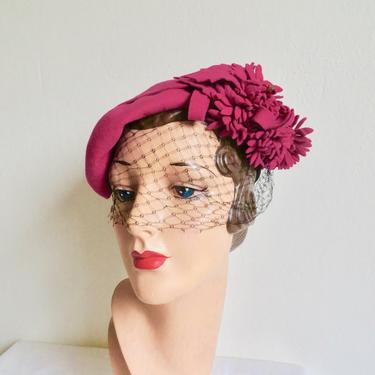Vintage 1940's Magenta Pink Felt Hat Cutout Flowers and Gold Metal Leaves Black Veil Head Holder Rockabilly 40's Millinery Scherman New York 