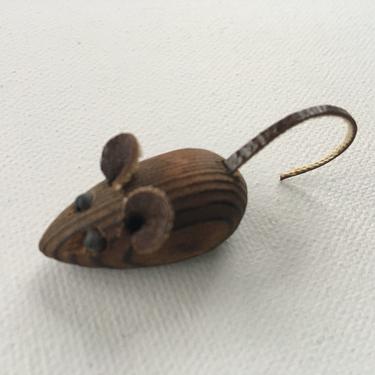 Vintage Mini Wood Mouse With Leather Look Tail And Ears, Small Wooden Mouse 