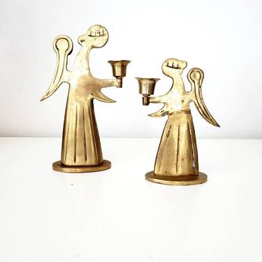 Vintage Tall Brass Angel Candlestick Holder Set 
