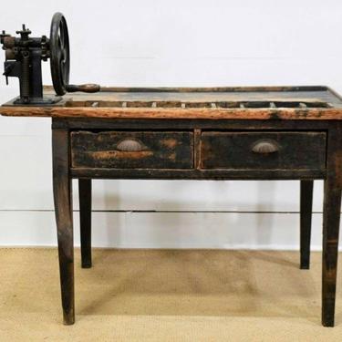 Antique French Cobblers Leatherwork Industrial Workbench Table, Painted Pine with Cast Iron Hand Crank Leather Skiver 