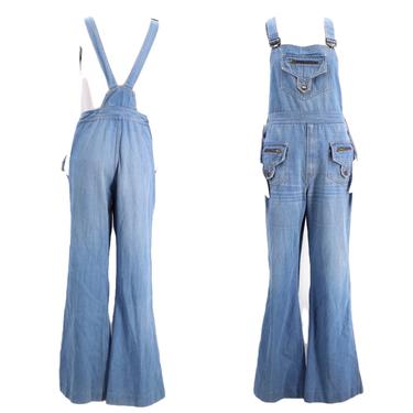 70s denim bell bottom overalls XL / vintage 1970s jeans jumpsuit flared bottoms RARE extra large 12 plus size 38&quot; 