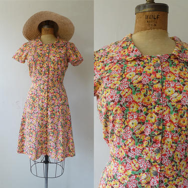Vintage Cotton Handmade Dress/ 1940s 50s Floral Feedsack Farm Dress/ Size Large 