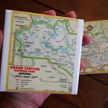 1962 Grand Canyon National Park Vintage Map Coasters Set of 2 - Ceramic Tile - Repurposed 1960s Shell Road Map - Arizona - Handmade 