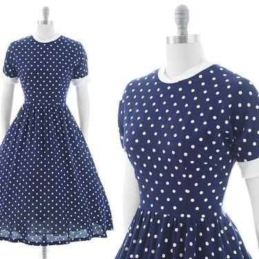 Vintage 1950s Dress | 50s Polka Dot Linen Navy Blue Full Skirt Fit and Flare Midi Day Dress (medium) 