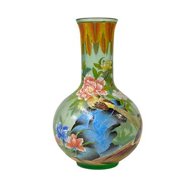 Chinese Light Green Color Flower Birds Graphic Peking Glass Vase ws1879E 
