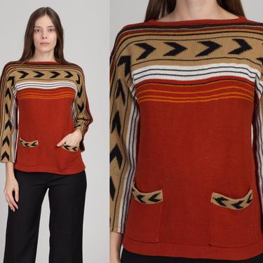 60s 70s Boho Striped Bell Sleeve Sweater - Small to Medium | Vintage Red Knit Pullover Top 