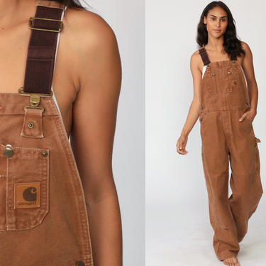 90s CARHARTT Overalls Baggy Pants Streetwear Cargo Dungarees Brown Coveralls Workwear Long Wide Leg Jeans Work Vintage Small 