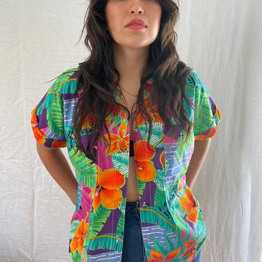 Awesome Unique 80s Vintage Hawaiian Shirt - Rare Hawaii Neon Floral Print Short sleeve button down 