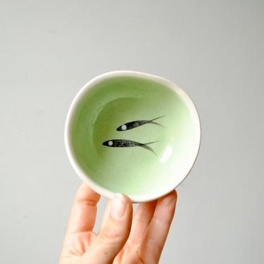 Vintage Small Ceramic Dish, Ring Dish, Fish Dish, Green Dish, Tiny Fish Bowl 