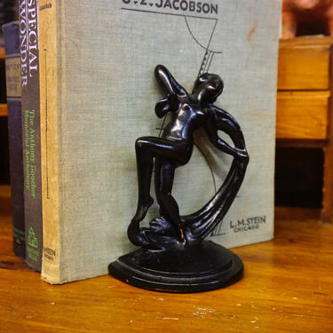 Vintage Hubley Nude Scarf Dancer Cast Iron Bookends, Pair Of Black Cast Iron Book Ends With Dancing Figure, Art Deco Home Decor 