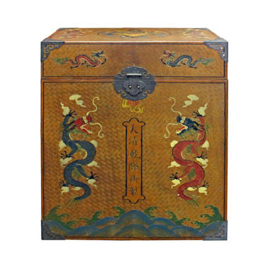 Chinese Golden Brown Dragon Graphic Trunk Box Table cs2846E 