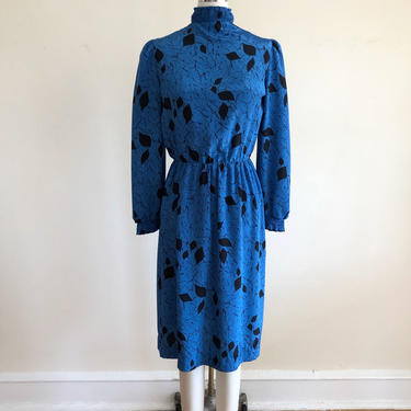 Bright Blue and Black Geometric Print Secretary Dress - 1980s 