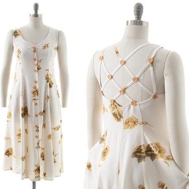 Vintage 1990s Sundress | 90s Yellow Rose Floral Printed Off-White Rayon Lattice Open Back Button Up Midi Day Dress w/ Pockets (small) 