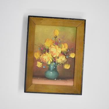 Original 6x8&quot; Vintage Oil/Acrylic Painting of Yellow Roses in Teal Vase | Framed in Vintage Black Wood Frame | Cheerful Floral Wall Decor 