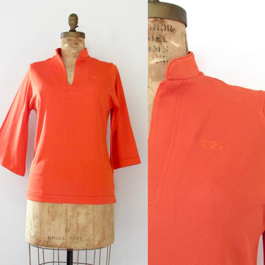 GIVENCHY SPORT Vintage 70s Blouse | 1970s Orange Fully Fashion Knit Top | Mandarin Collar Shirt, Designer Sportswear | Size Medium / large 