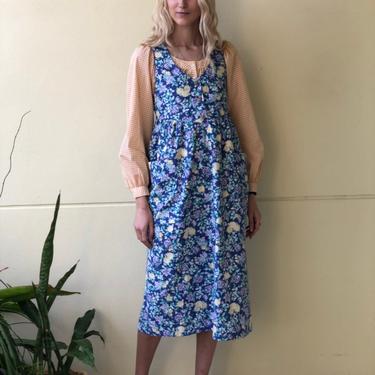 Laura Ashley Dress / Floral Blue and Yellow Printed Cotton Dress / cottage core  Dress / Early 1980's Dress / Kindergarten Teacher Dress 