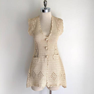 vintage 70's crochet flare hem tunic vest in cream size XS-S by BetaGoods