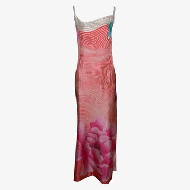 Hanae Mori 70s Silk Op Art Floral Beaded Gown with Matching Stole