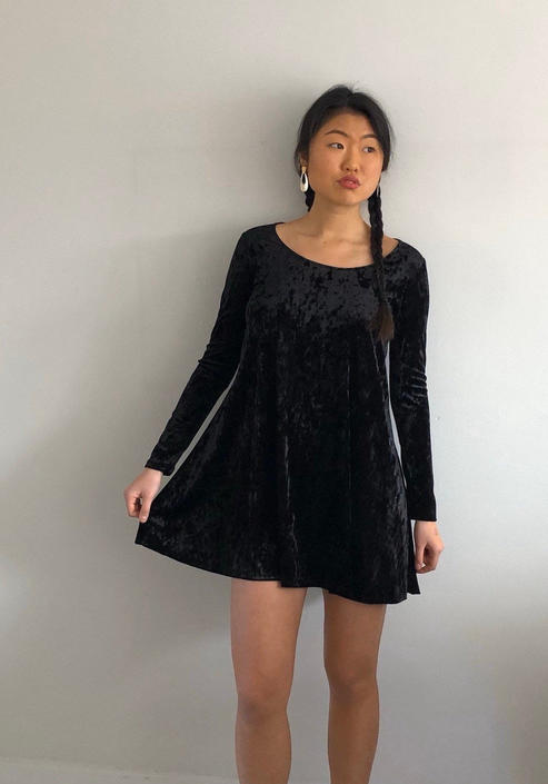 Vintage 90s Black Crushed Velvet Minidress Shift Dress Size S