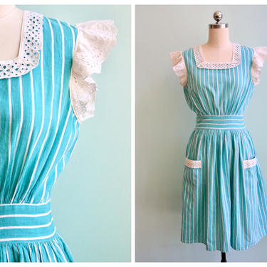 Vintage 1940's Turquoise Stripe and White Lace Trim Dress | Size Extra Small 