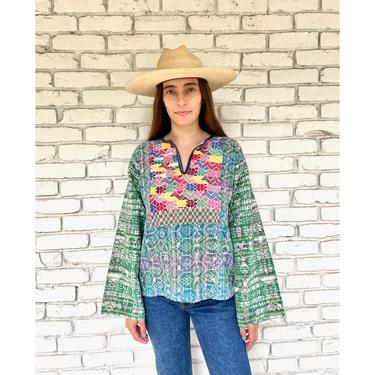 Embroidered Guatemalan Blouse // vintage cotton boho hippie Mexican hand embroidered dress hippy tunic dress rainbow ikat // O/S 