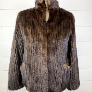 Vintage Saga Mink Brown Fur Jacket Sz S Lined Pockets Fine Ribbed Leather Velvet Elegant Evening 