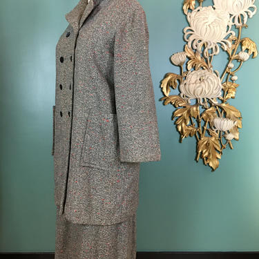 1950s wool suit, pencil skirt and jacket, vintage 50s suit, flecked gray and red, 29 30 waist, double breasted, mrs maisel style, coat suit 