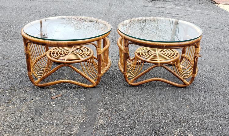 Boho Chic Rattan and Glass Side Tables
