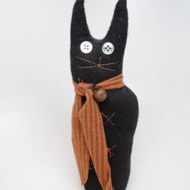Vintaged Hand Made Stuffed Black Cat for Halloween, Felt with Button Eyes, Primitive Farmhouse Decor 