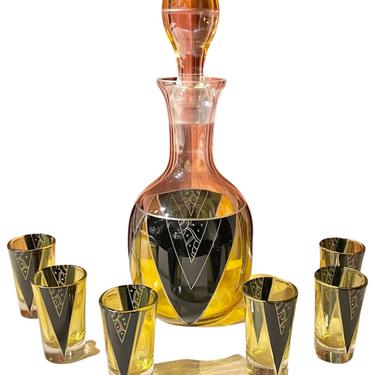Decanter and Glasses by Karl Palda with Yellow Black Pattern