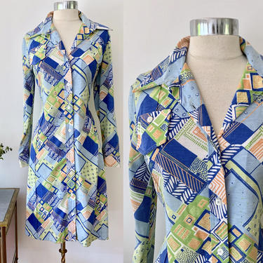 1970's Patchwork Print Dress / Catbird Collection I Magnin / Vintage 1970s Cotton Knit Dress / Button Front Dress /Size Medium 