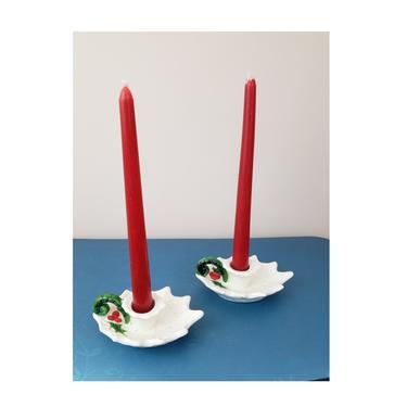 Vintage 1960's Vintage Holly Candle Stick Holders / 70s Kitchy Christmas Holiday Decor 