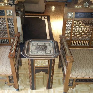Antique Pair of Handmade wooden Egyptian  arm chairs with mother of pearl inlays and mid table. Circa 1890s 