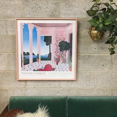 LOCAL PICKUP ONLY Vintage Thomas McKnight Natchez Print 1987 Retro Size 27x28 Veranda + Plants + On the Water in Light Pink Plastic Frame 