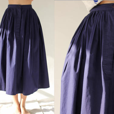 Vintage 80s Norma Kamali Navy Blue Pleated High Waisted A-Line Skirt w/ Pockets | Prairie, Western, Bohemian | 1980s OMO Designer Midi Skirt 