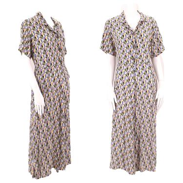 90s FLAX rayon print dress L / vintage 1990s does 40s button front dress L 