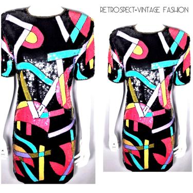 VINTAGE Pop Art sequin dress, art deco.beaded party dress, abstract vintage dress, vintage neon dress, size large 