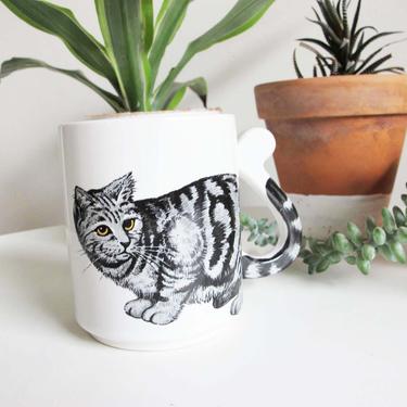 Vintage 80s Cat Mug Japan - Gray Tabby American Shorthair Cat Kitten Coffee Mug - Cat Lady Lover Gift - Best Friend Gift 