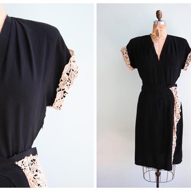 Vintage 1940's Black Rayon and Lace Trim Dress | Size Small 