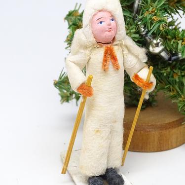 1940's Snow Baby Skier Antique Spun Cotton Doll with Hand Painted Composite Face for Christmas, Snowbaby on Skis 