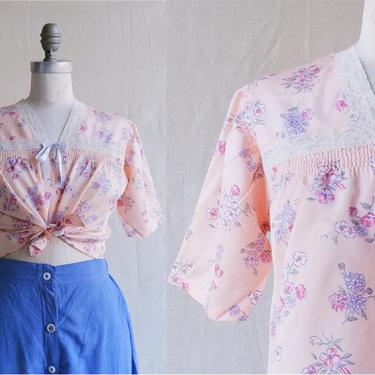 Vintage 40s Floral Bed Jacket/ 1940s Pink Cropped Lingerie Top/ Size Medium 