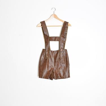 vintage 60s romper brown vinyl lederhosen one piece shorts pinafore outfit playsuit XS 