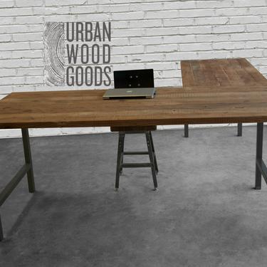Reclaimed Wood L Shape Desk, Corner Desk-Custom L Shaped Desk with reclaimed wood top and square steel legs 