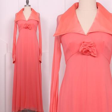 Vintage 70's Coral Chiffon Gown • 70's Coral Evening Dress • Size S/M 