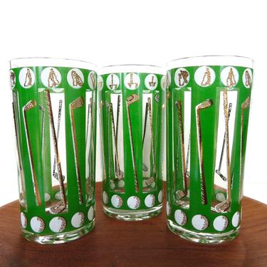 Vintage 22kt Gold Golf Highball Cocktail Glasses, Set Of 3 Tall Golf Club Drinking Glasses 