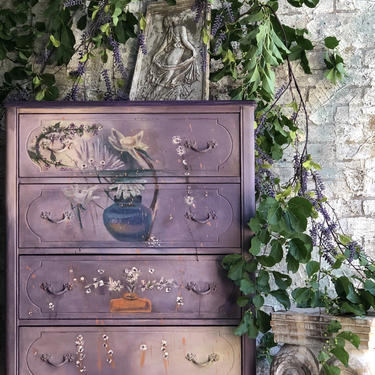 Hand Painted Floral Vintage Dresser - Vintage Painted Dresser - Cottage Garden Dresser - Painted Flowers - Painted Furniture - Purple 