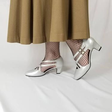 Vintage 90s Strappy Silver Heels 7.5 / Party Dress Shoes / Nonslip Dance Shoes / 40s Style Ballroom Shoes / Showgirl Burlesque Exotic Dancer 