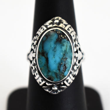 Elegant 60's sterling turquoise Navajo size 6.75 solitaire, unusual arrow heads & flowers 925 silver blue stone cab tribal ring 