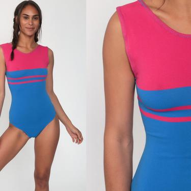 80s Bodysuit Top 90s Aerobics Leotard Blue Pink Striped Shirt Sleeveless 1980s Vintage Body Suit Retro Small Tall 